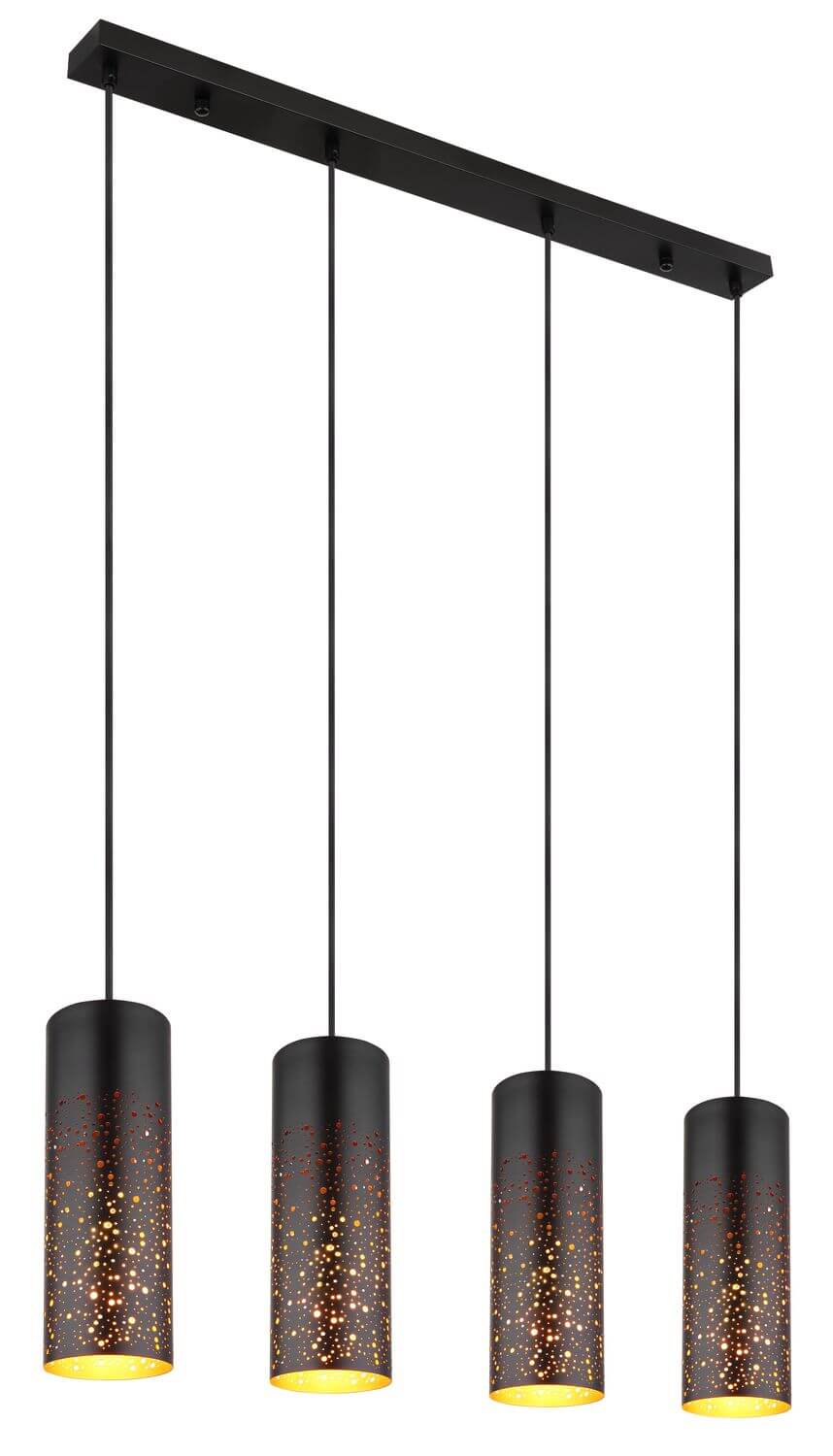 Vue d'ensemble du luminaire montrant la barre rectangulaire et les quatre longs câbles noirs