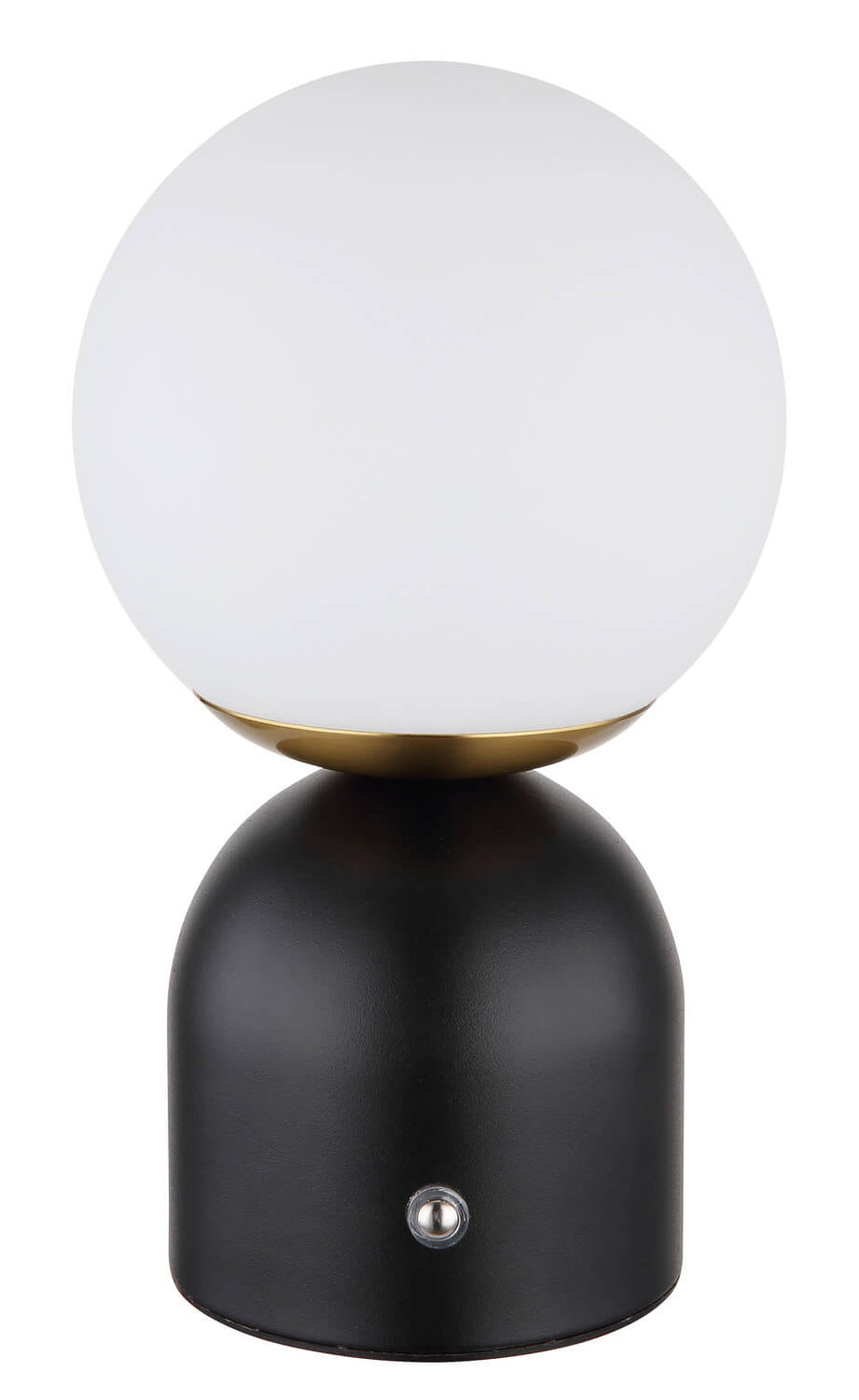 Lampe éteinte, globe opalin blanc posé sur base noire mate