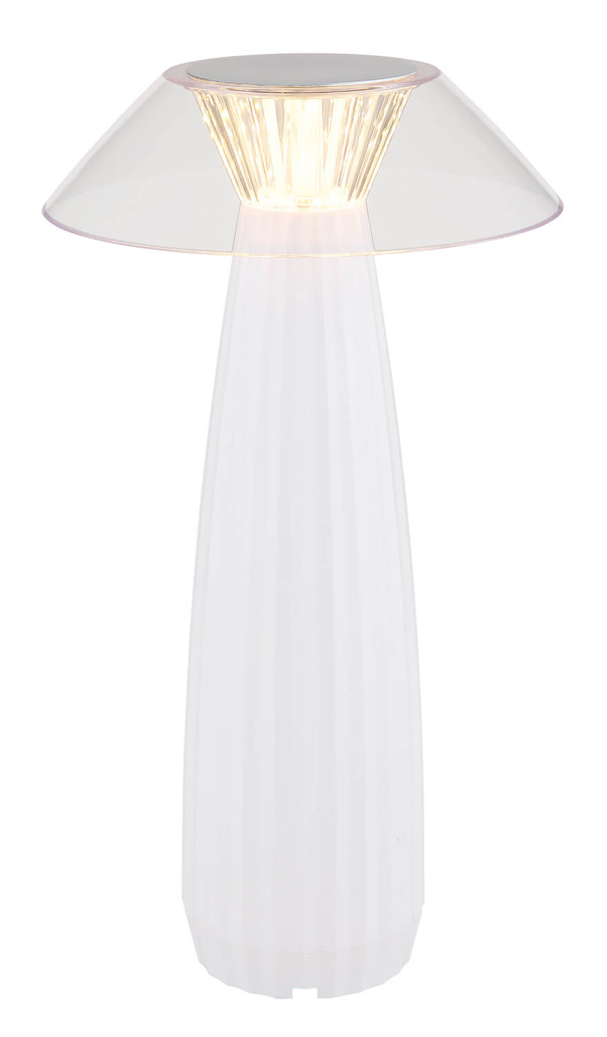Vue de face de la lampe blanche mate allumée, mettant en valeur l'abat-jour transparent
