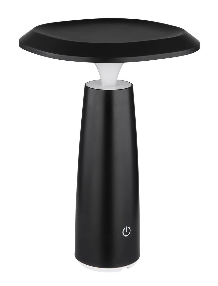 Lampe à poser noire mate, vue de face, diffuseur blanc non allumé.