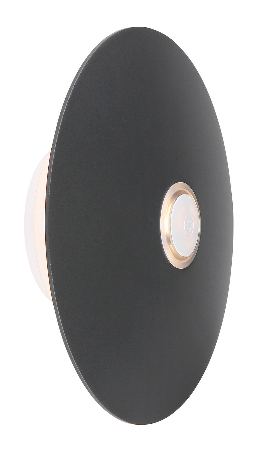 Détail du dessus montrant l'interrupteur tactile doré et le disque noir