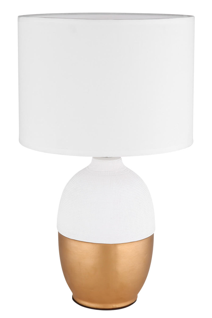 Lampe à poser éteinte, vue de face, abat-jour blanc et pied doré sur fond neutre