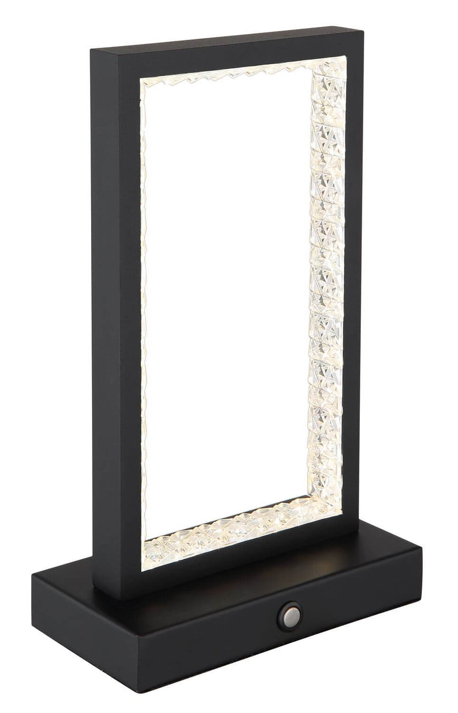 Vue rapprochée du luminaire noir mat, détail du cadre et du bouton tactile.