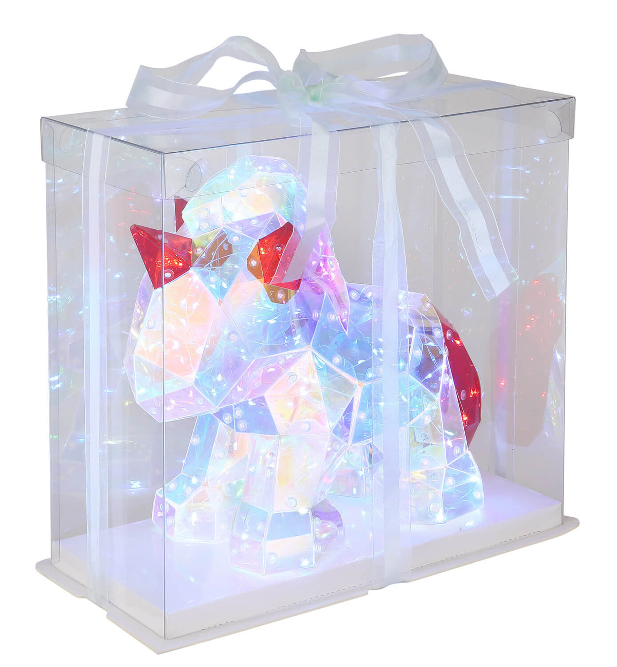 Lampe à poser transparente en forme d'animal facetté, boîte cadeau avec ruban blanc.