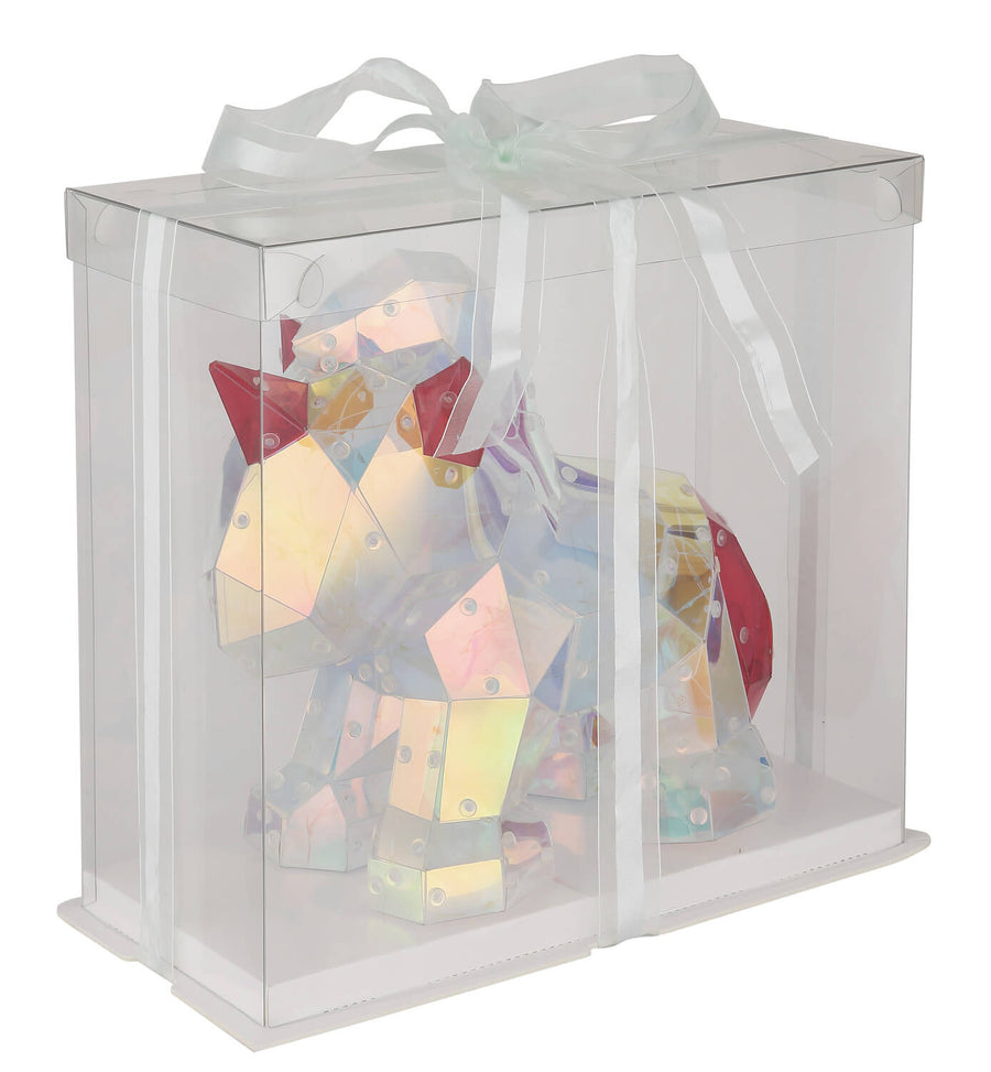 Vue de face du luminaire éteint, boîte transparente et ruban, animal géométrique.