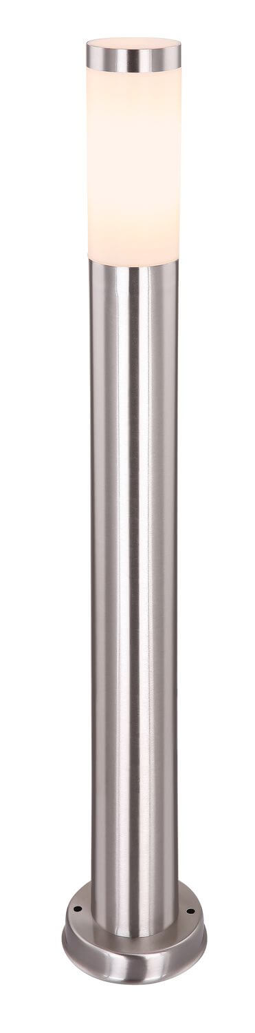 Vue de face du luminaire borne cylindrique en inox avec diffuseur opale blanc.