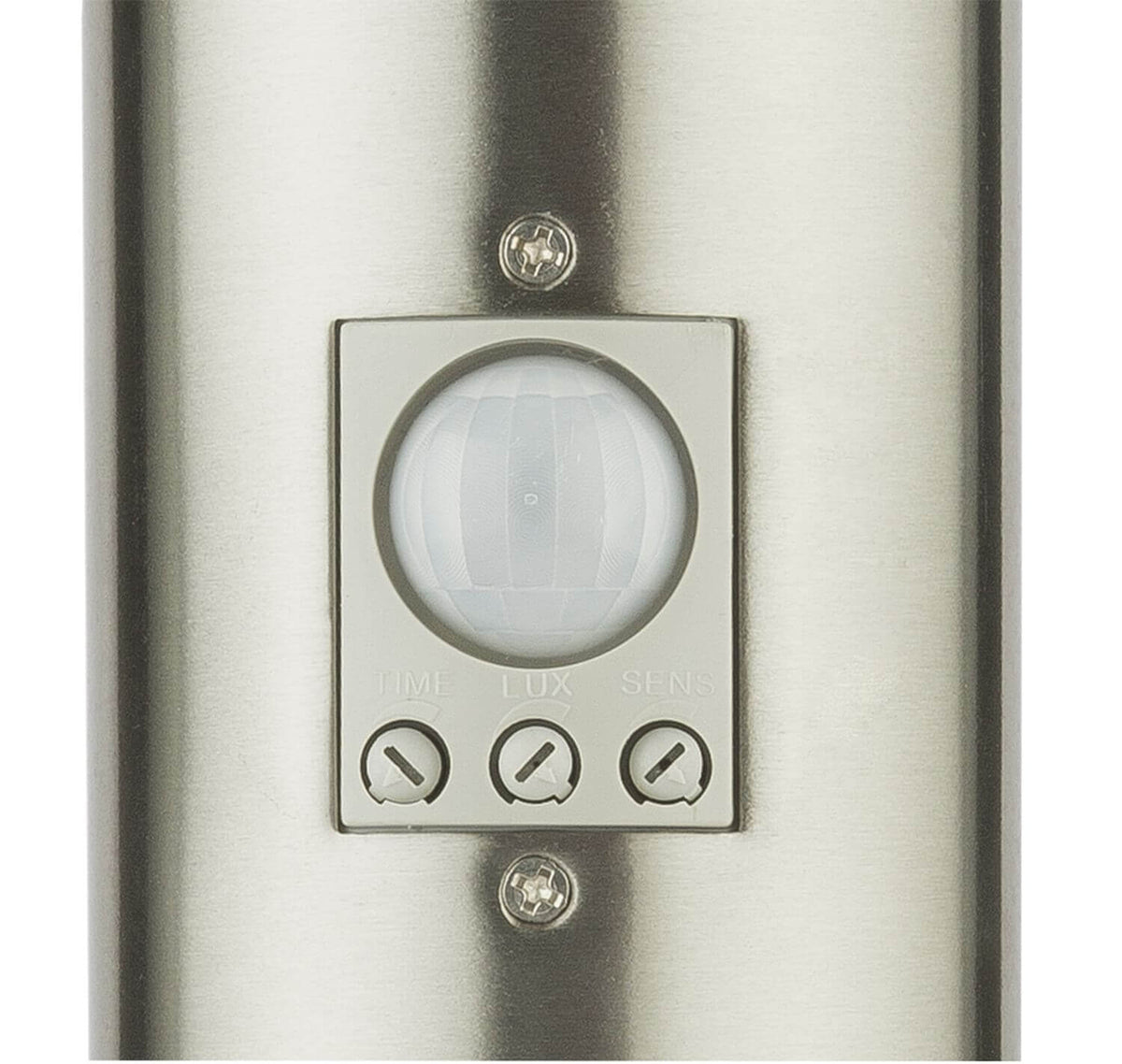Gros plan sur le détecteur de mouvement et les réglages TIME LUX SENS du luminaire.