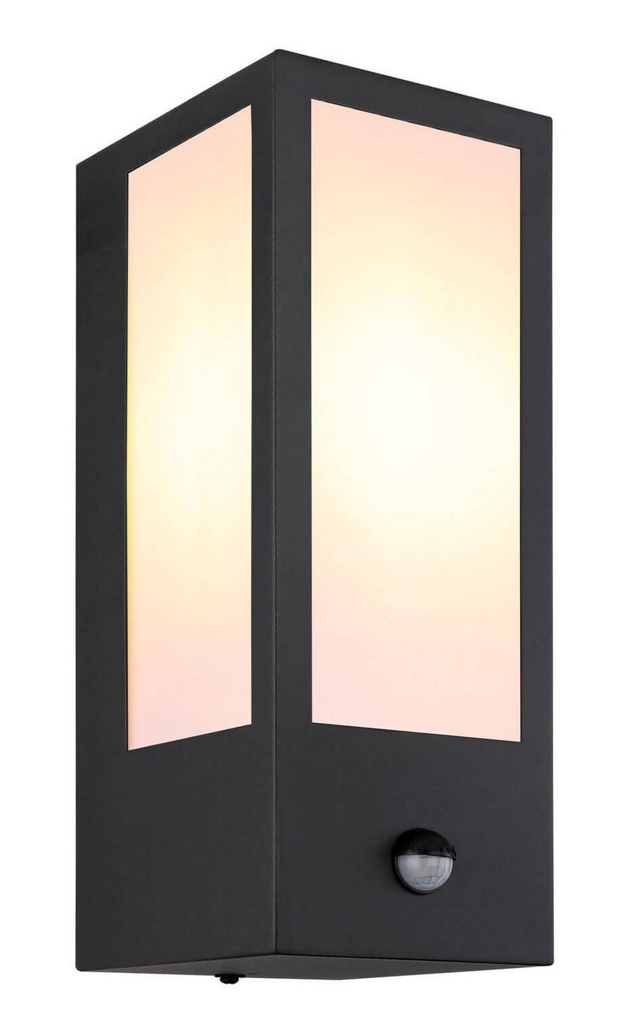 Vue rapprochée du boîtier noir mat avec panneaux lumineux et détecteur de mouvement.