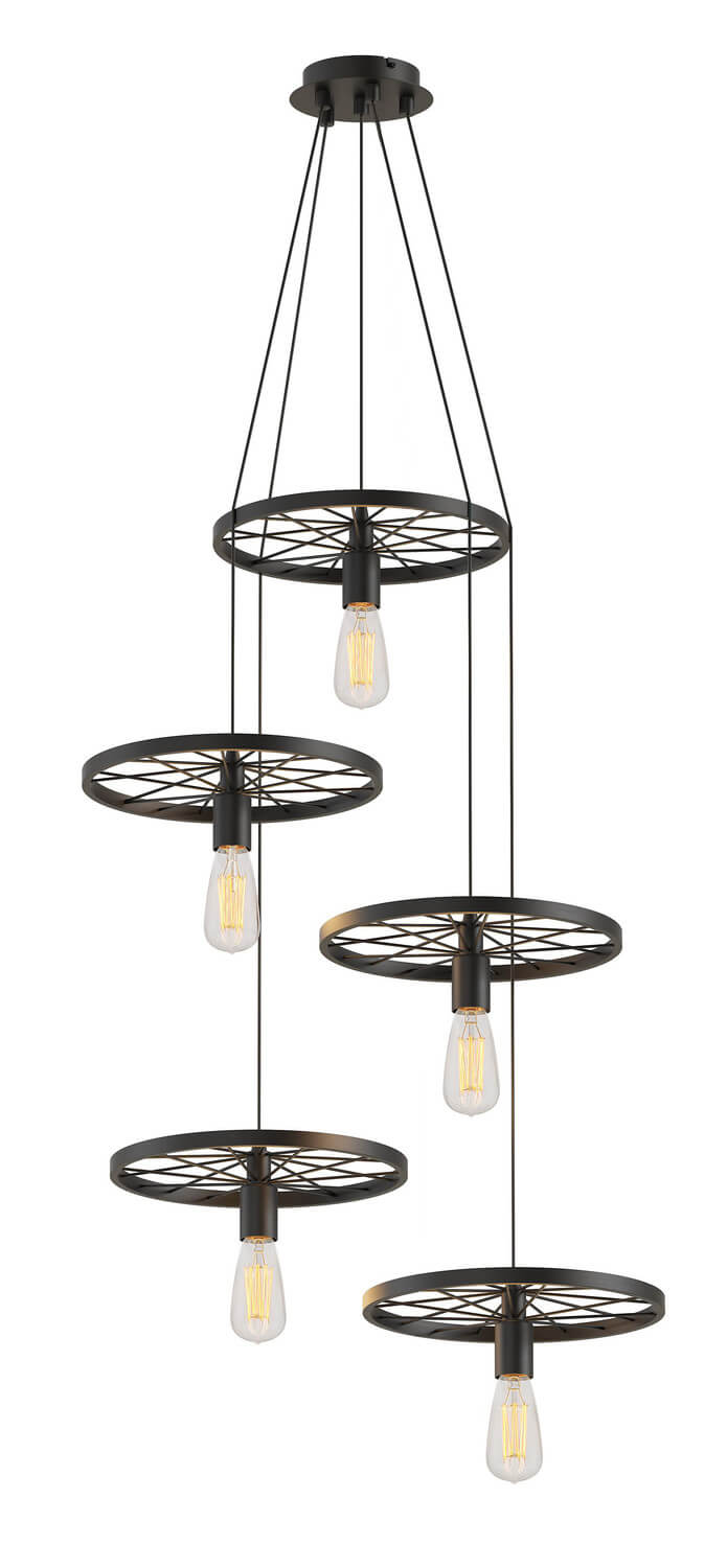 Vue de face du luminaire sur fond blanc, détaillant les cercles ajourés et leurs douilles