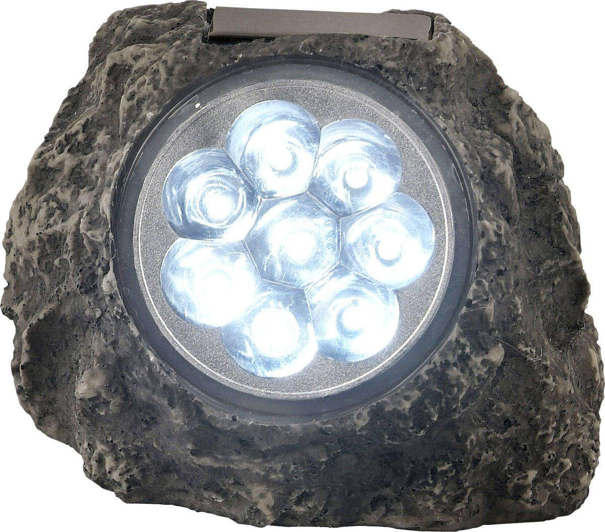 Vue de face du luminaire solaire en forme de roche grise avec sept LED.