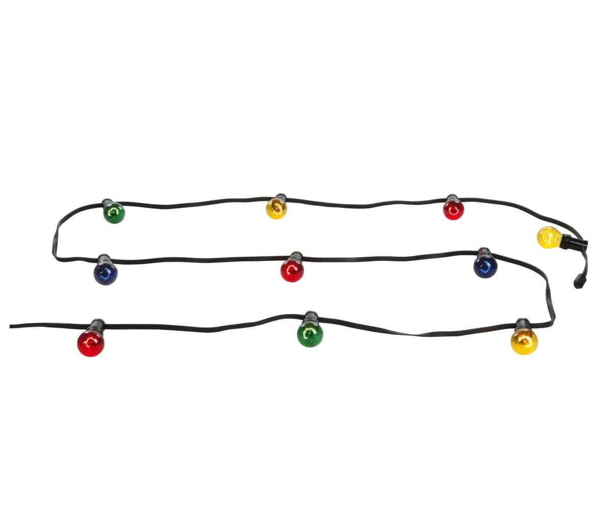Guirlande lumineuse multicolore avec ampoules rondes et câble noir, vue de face sur fond blanc