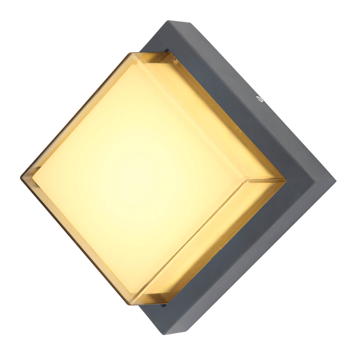 Vue de face du luminaire carré allumé, capot anthracite et diffuseur ambré