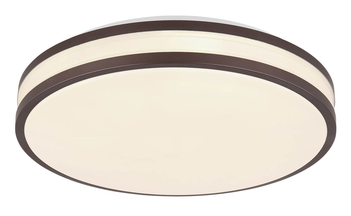 Vue rapprochée du plafonnier rond montrant le double cerclage marron et le diffuseur ivoire
