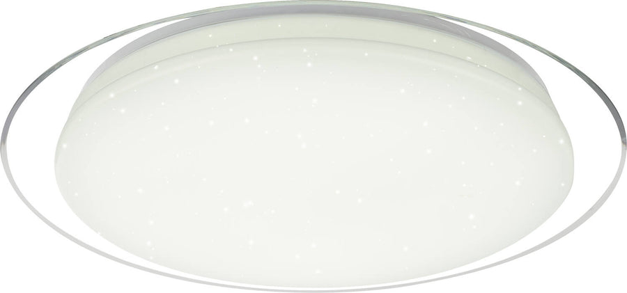 Plafonnier rond blanc éteint, anneau métallique et diffuseur à motifs étoilés