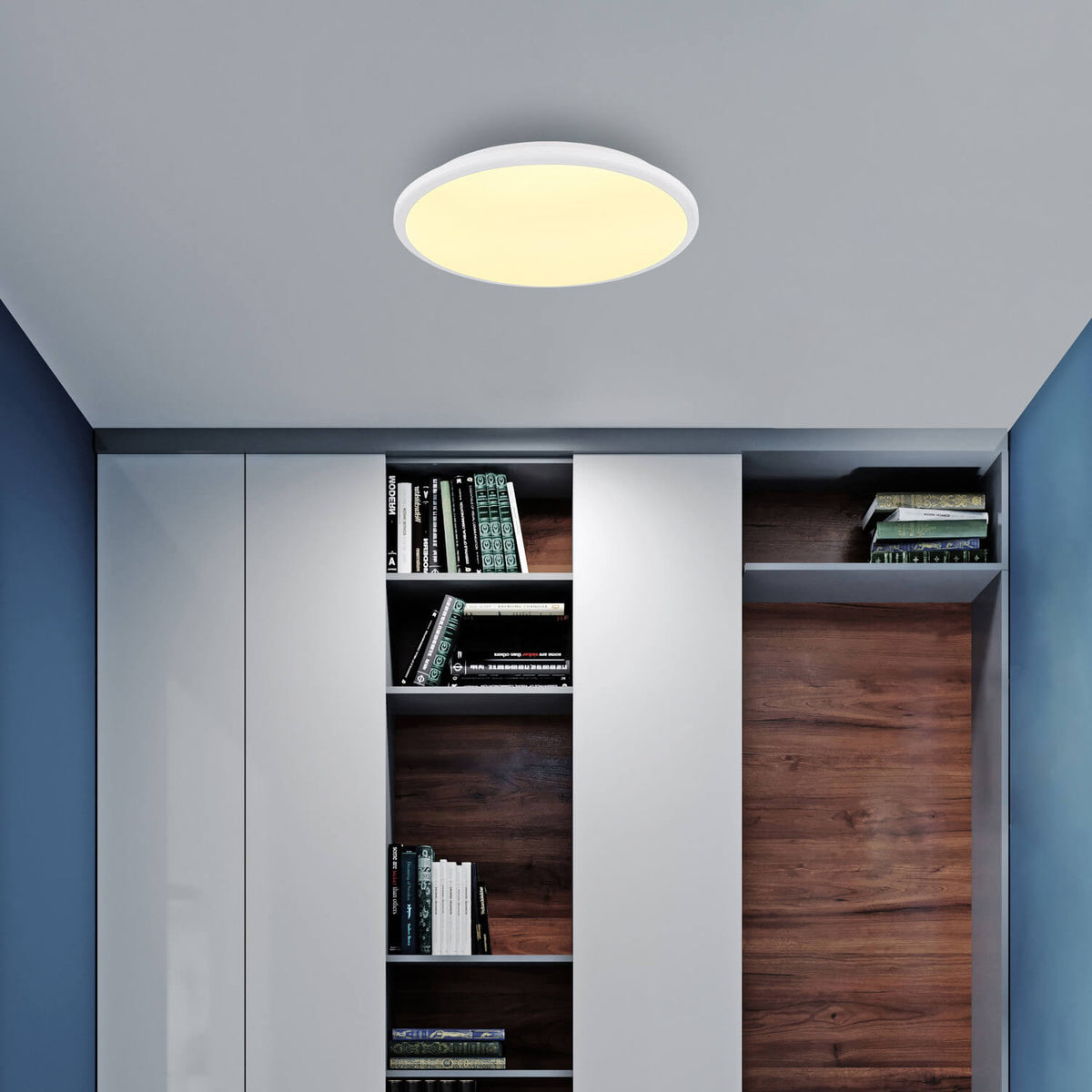 Mise en ambiance du plafonnier éclairé dans un bureau avec bibliothèque