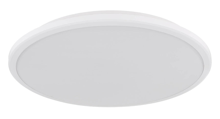 Plafonnier rond blanc éteint, diffuseur opale vu de dessous