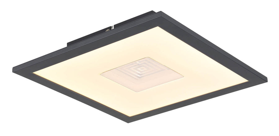Même luminaire allumé, halo chaud diffusé par le grand diffuseur blanc opale carré