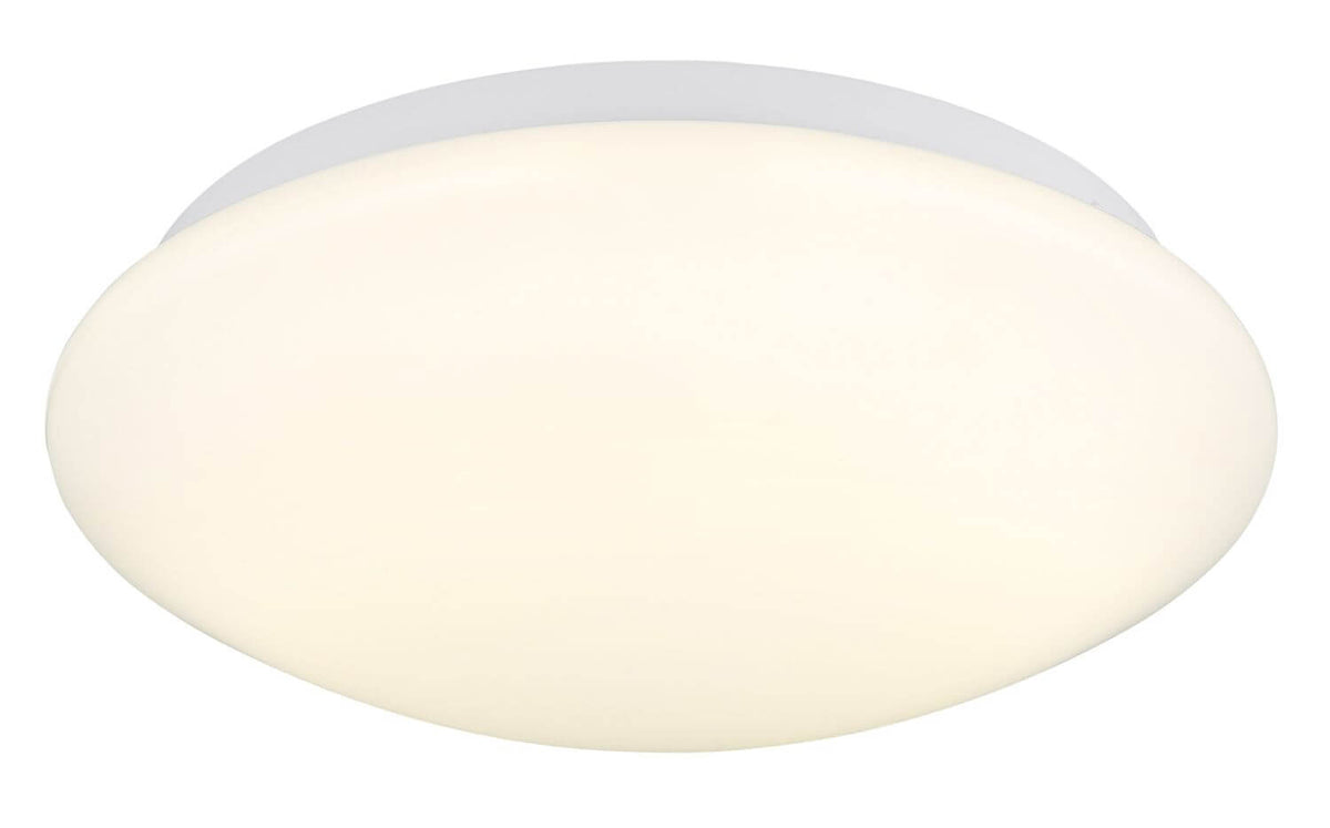 Gros plan sur le diffuseur bombé ivoire et la collerette blanche du luminaire
