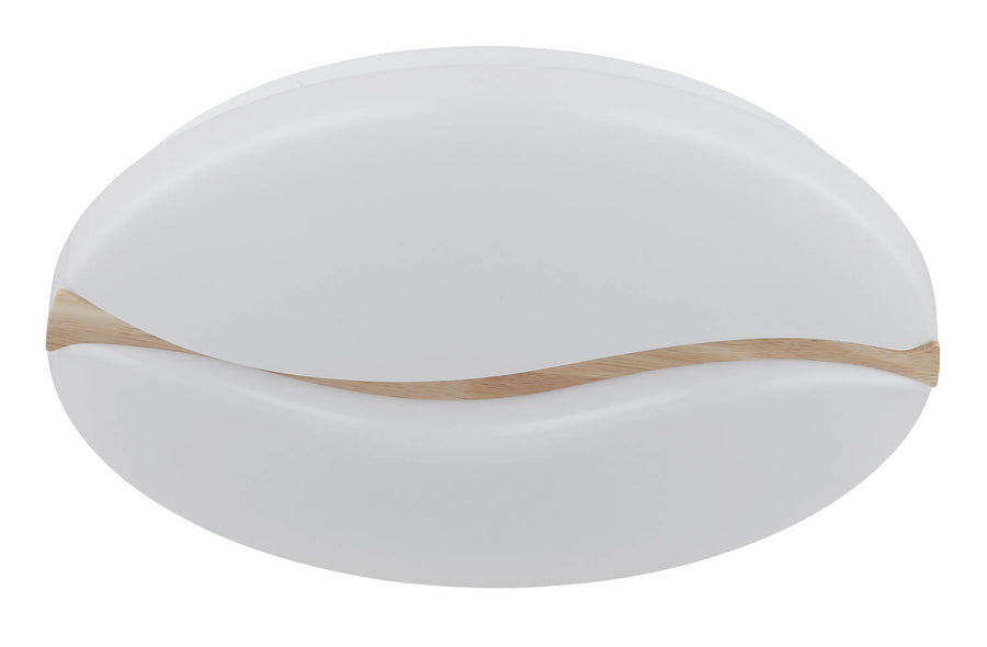Produit éteint vu de trois quarts, capot blanc mat et éclat de bois naturel