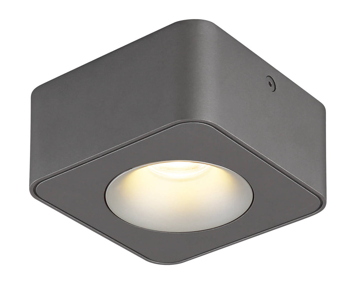 Spot carré gris anthracite vu de trois quarts, allumé, verre dépoli