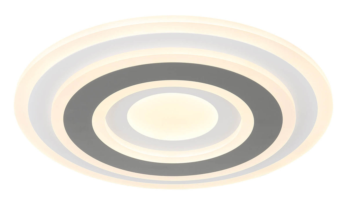 Vue de face du plafonnier allumé, halos blancs concentriques sur fond gris