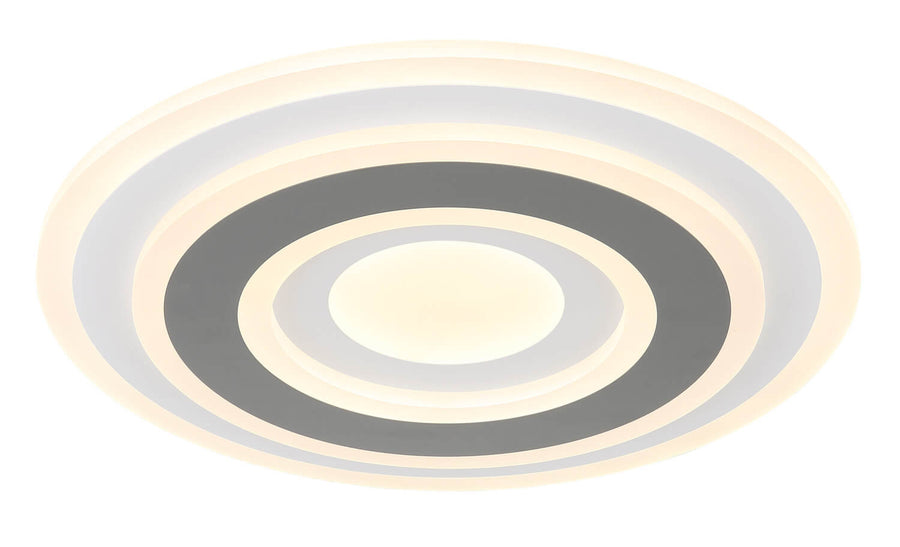 Vue de face du plafonnier allumé, halos blancs concentriques sur fond gris