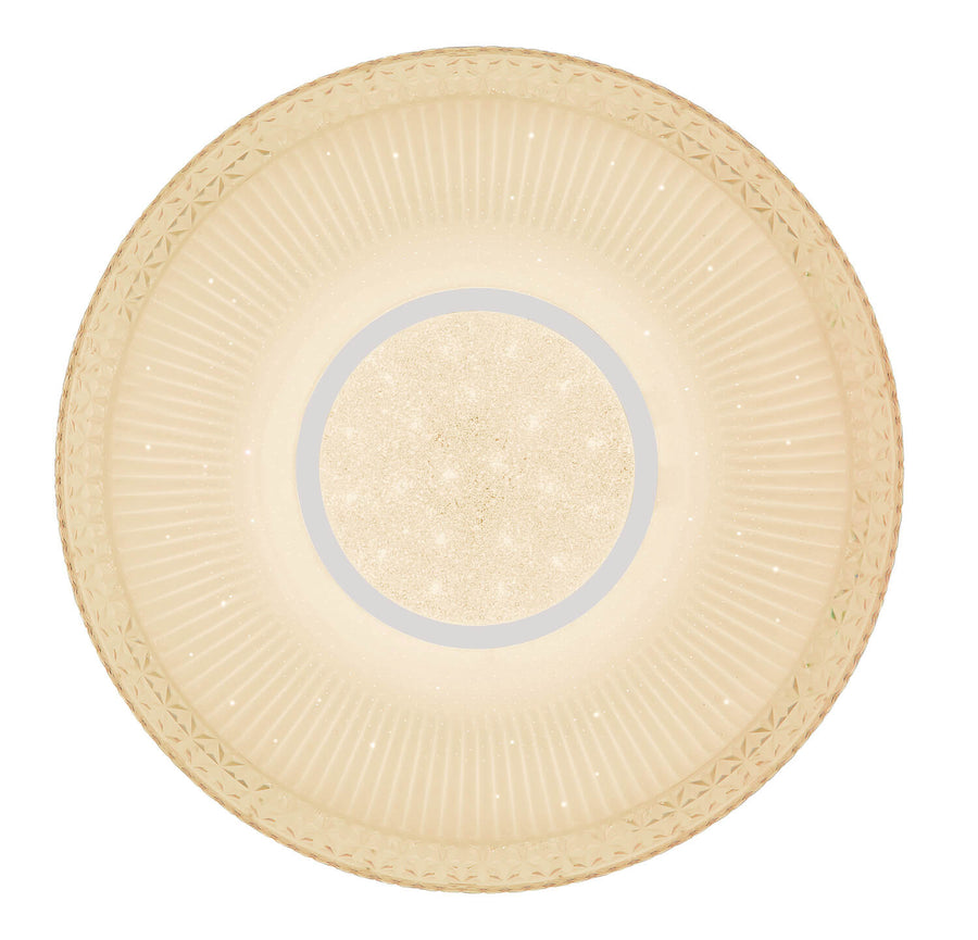 Vue de dessous du plafonnier rond, cercles concentriques et pastille centrale lumineuse