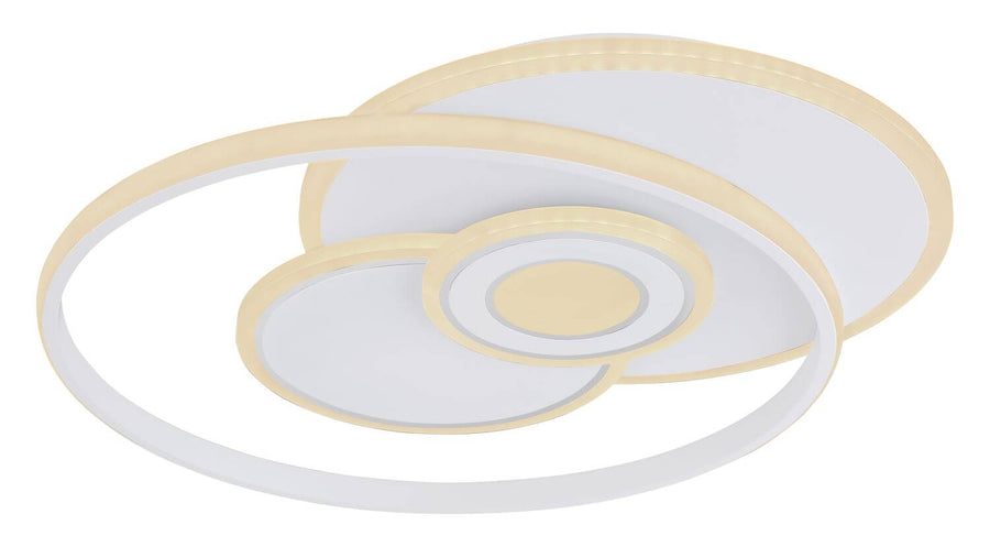 Vue de face du plafonnier rond avec ses cercles concentriques blancs et dorés