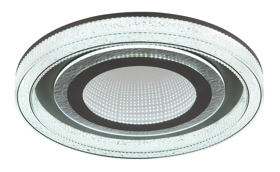 Plafonnier allumé en lumière froide, détail du diffuseur central et du verre texturé.