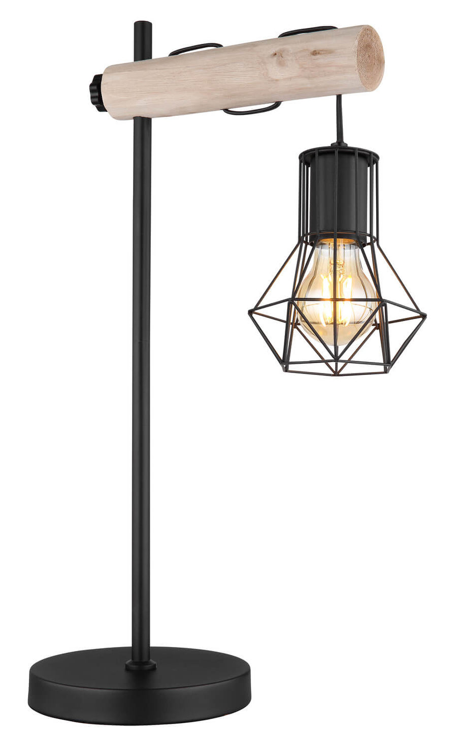 Vue de trois quarts du luminaire, mettant en valeur le support vertical et la suspension ajourée.