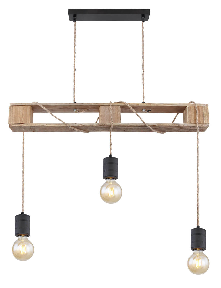 Vue frontale de la suspension, structure rectangulaire en bois et douilles noires.