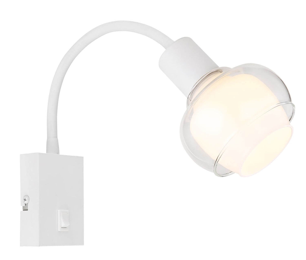 Applique murale blanche de face, bras flexible et interrupteur sur fond blanc