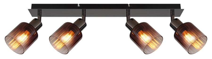Face avant du rail rectangulaire noir avec quatre spots orientables et verres ambrés transparents