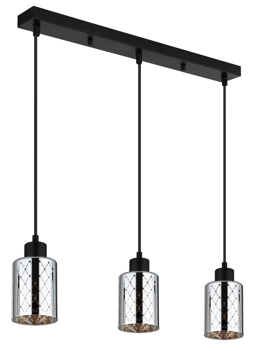 Vue en plongée du luminaire noir avec trois abat-jours cylindriques en verre transparent.