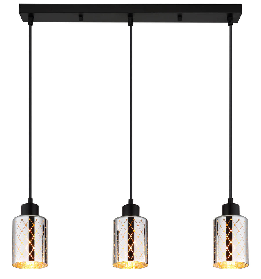 Vue de face détaillée du luminaire suspendu avec trois cylindres en verre et finition noire mate.