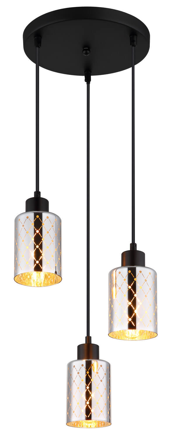 Vue verticale de la suspension noire et de ses trois abat-jours cylindriques en verre