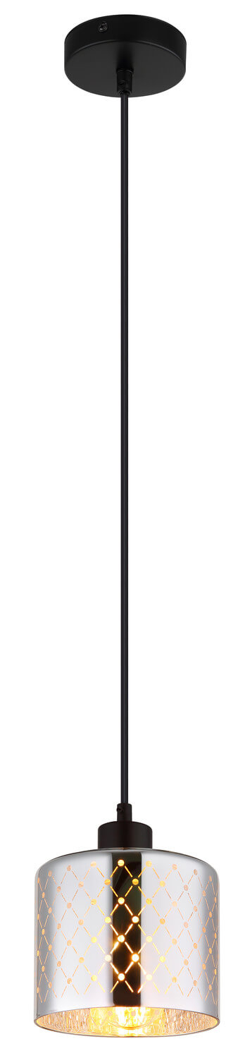 Vue en entier du luminaire suspendu, câble noir et diffuseur en verre clair
