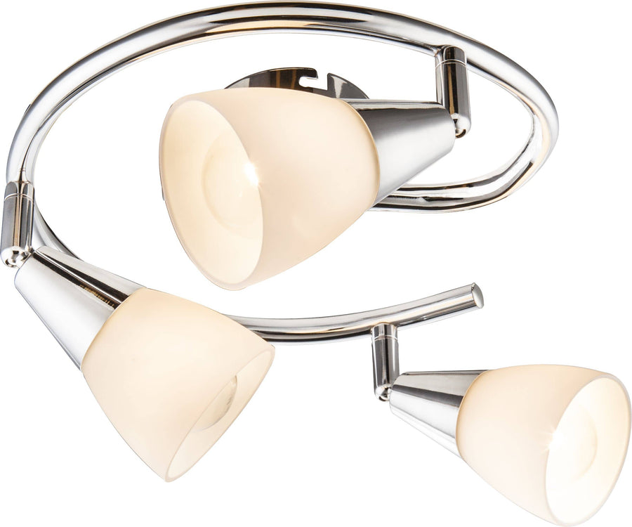 Plafonnier chromé trois spots orientables en verre opalin, vue de face sur fond blanc