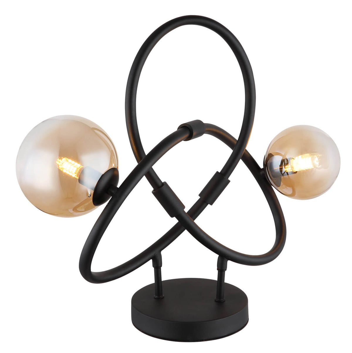 Lampe à poser noire mat, deux globes en verre ambré, structure en boucles entrecroisées.