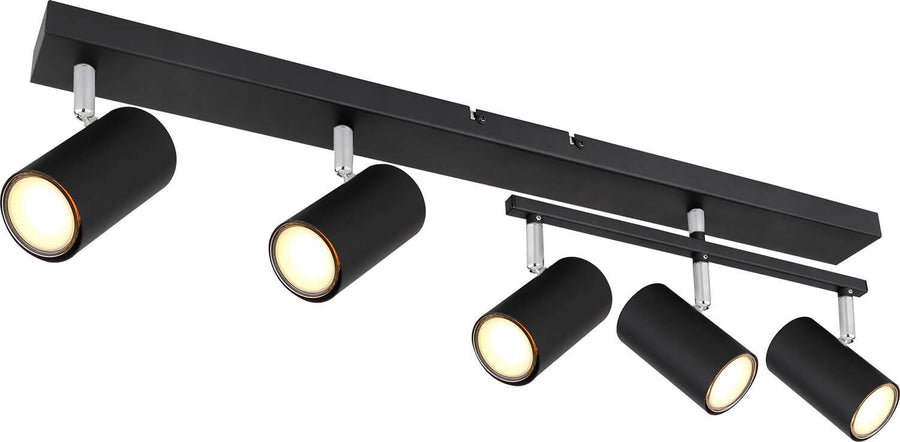 Vue en perspective du luminaire noir avec cinq projecteurs cylindriques réglables