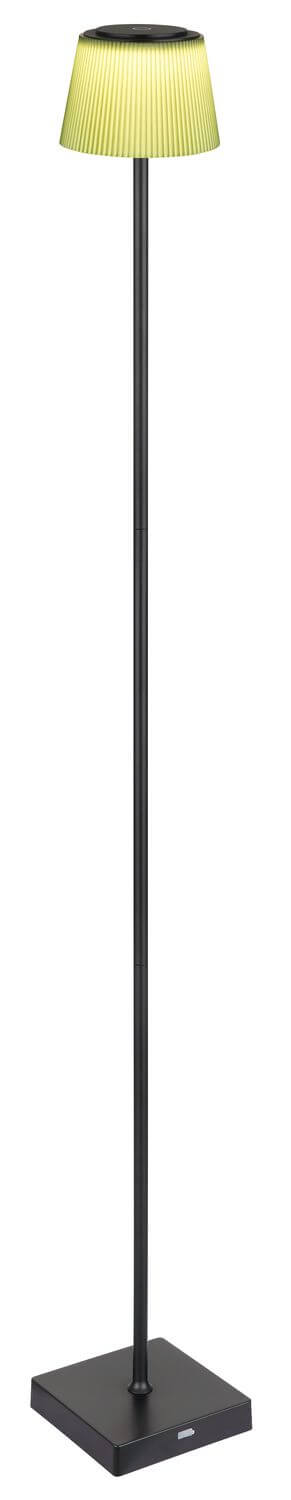 Vue de profil du lampadaire montrant sa base carrée noire et sa tige fine