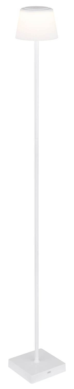 Lampadaire entier vu de face, abat-jour conique et base carrée blanche