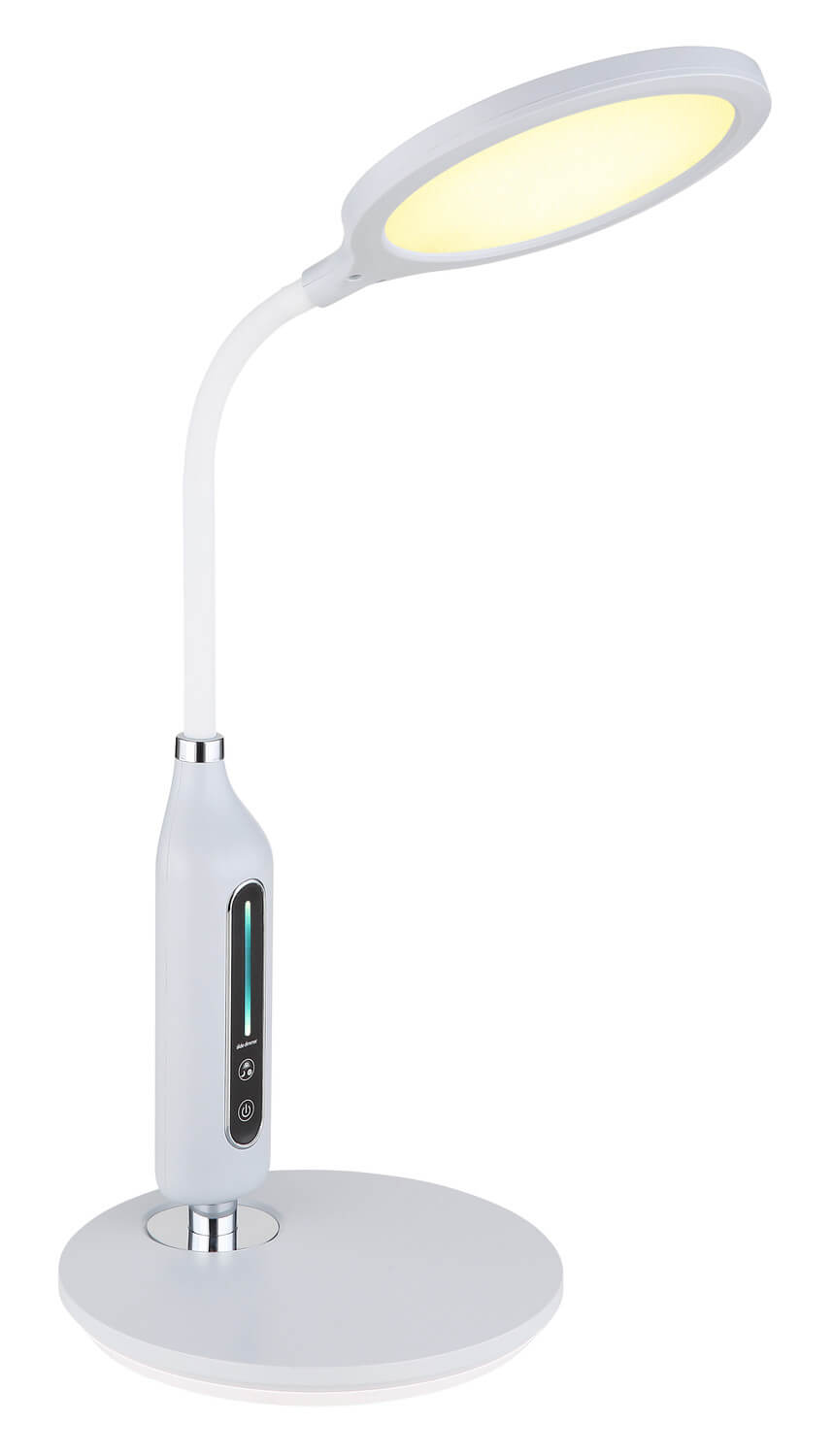 Lampe allumée en lumière chaude, tête ovale et colonne flexible blanches