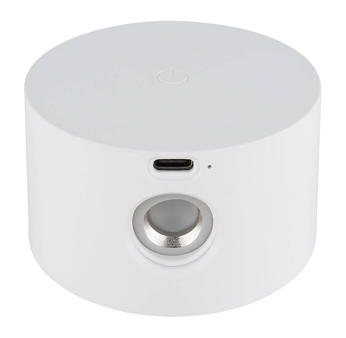 Gros plan sur l'arrière de la tête cylindrique avec port USB-C et commande tactile.