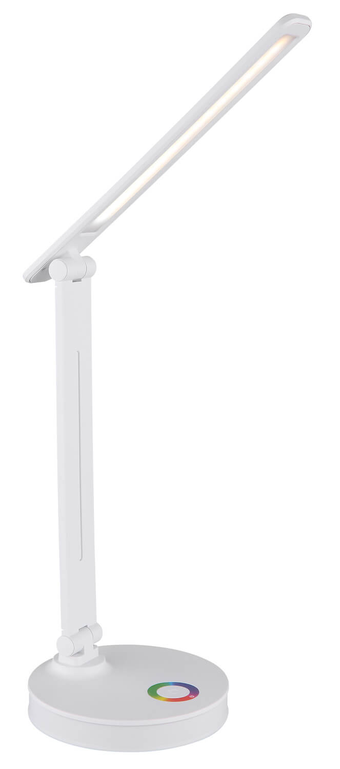 Vue de trois quarts de la lampe blanche, bras articulé et tête fine allongée.