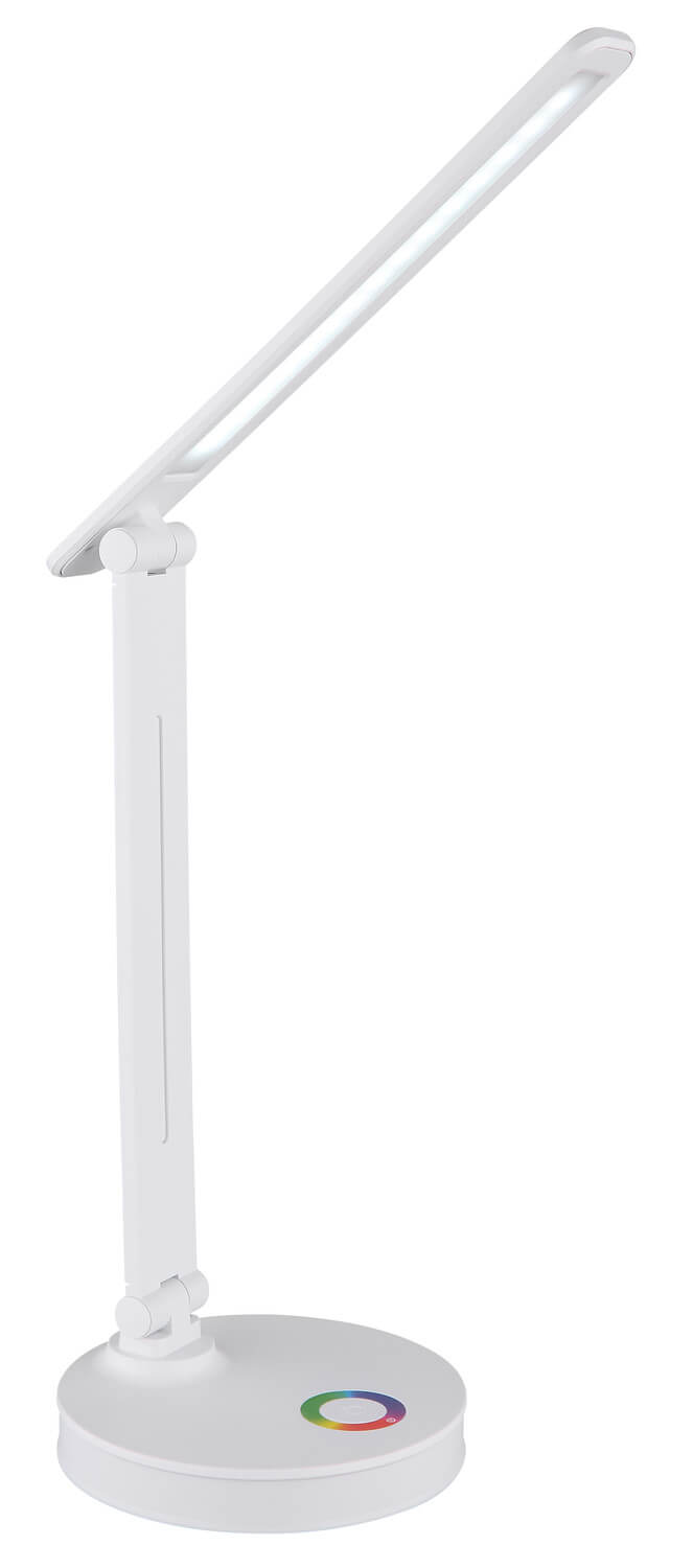 Lampe blanche à poser, éclairage LED froid allumé, bras vertical et tête orientable.