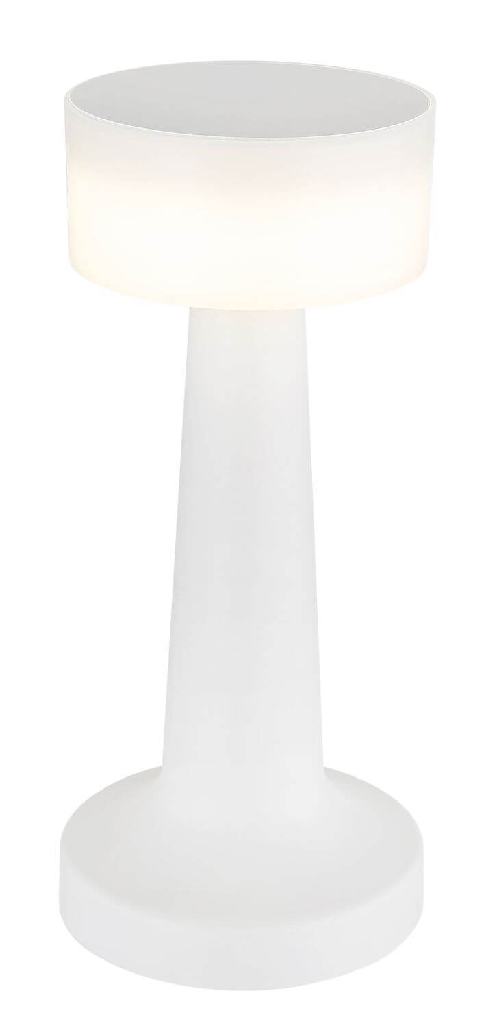 Vue rapprochée du luminaire blanc mat, abat-jour allumé et socle circulaire.