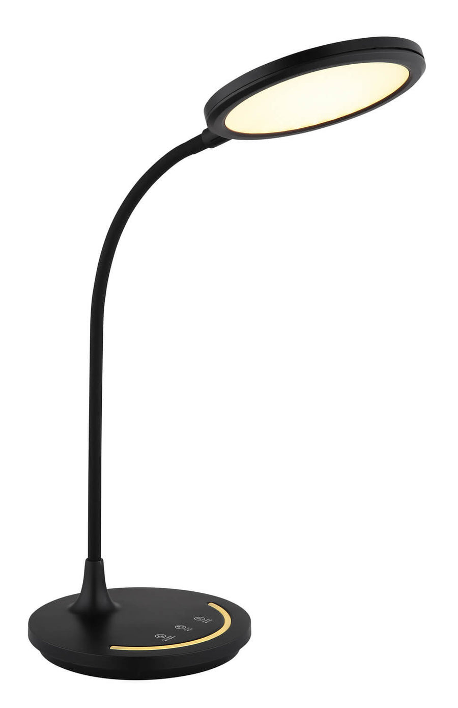 Lampe à poser noire éclairée en lumière chaude, posée sur fond neutre