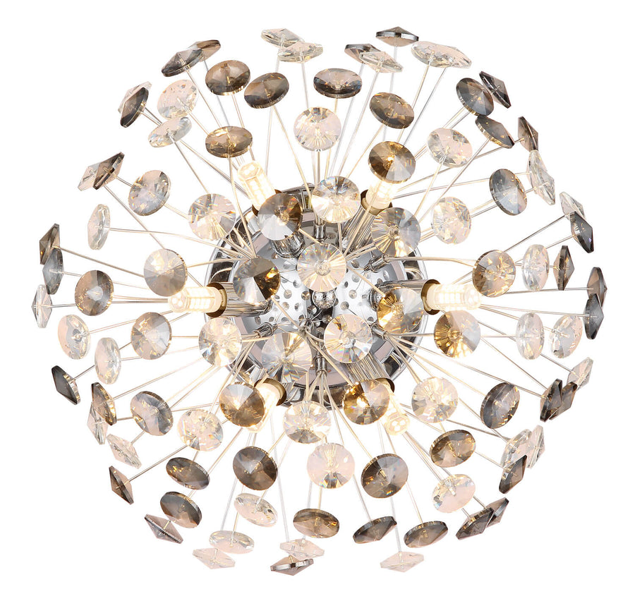 Détail du luminaire allumé, ampoules visibles au cœur des tiges rayonnantes