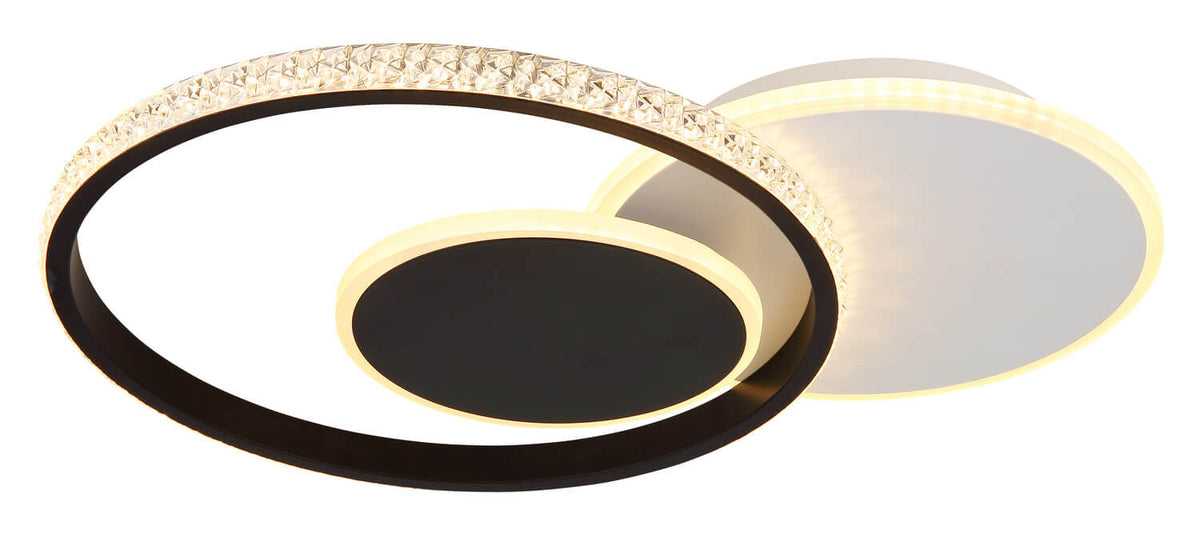 Vue rapprochée du luminaire plafond, grand anneau noir et petit disque.
